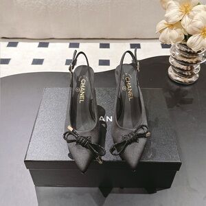 Chanel Black Glitter Slingback Heels with Bow Detail